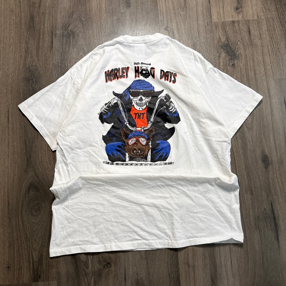 Vintage Harley Davidson Hog Days TNT Motorcycle Biker Huge Graphic Tee - Mens L